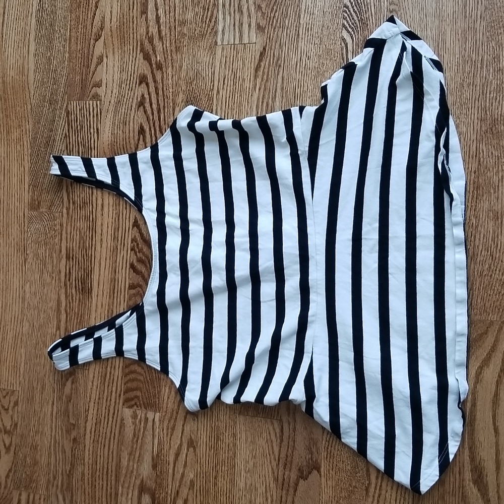 (L) Express Striped Cotton Blend Fit and Flare Tank Top Back Zip